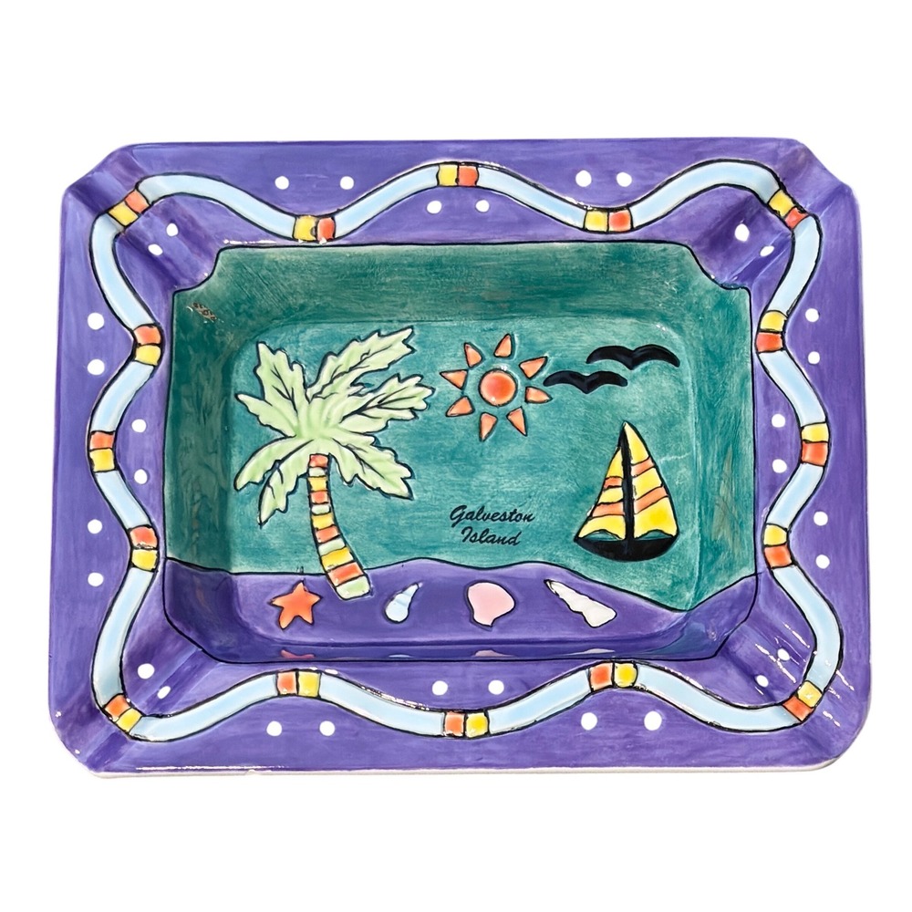 Galveston Island Ceramic Ashtray Purple Teal Beach Souvenir Excellent